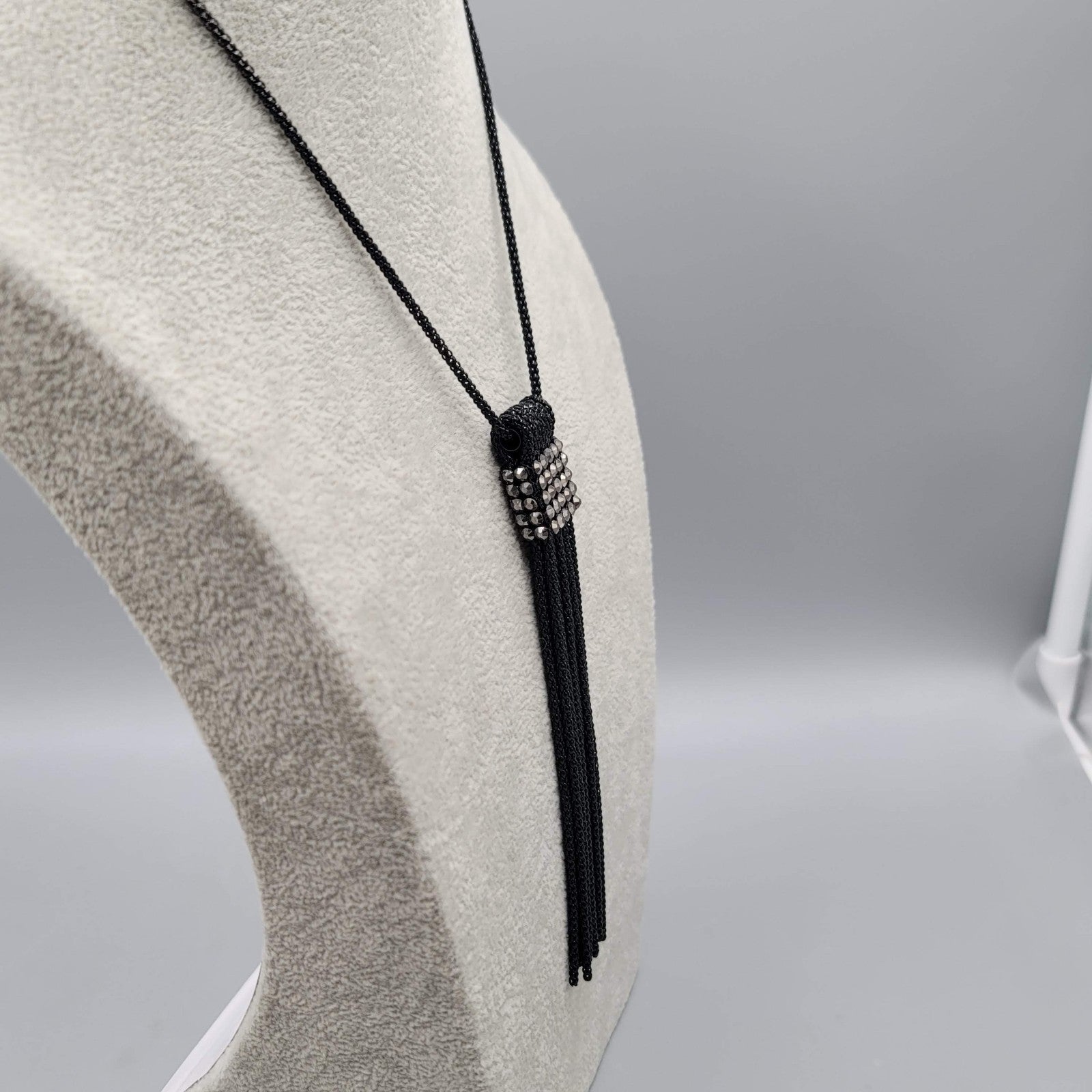 Black Metal Long Chain Tassel Necklace Black Rhinestones 26 in
