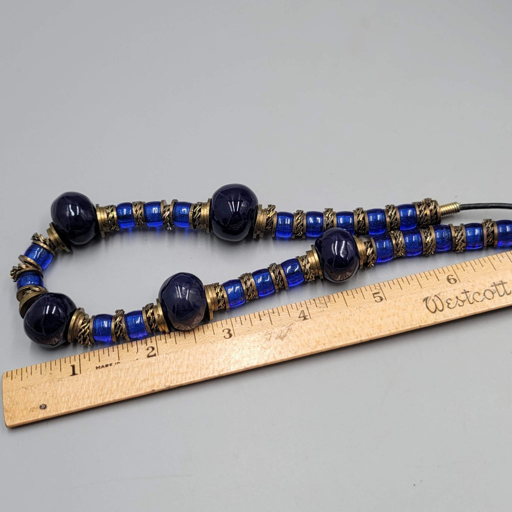 Vintage Ethnic Brass Blue Glass Bead Necklace 24" Estate Jewelry