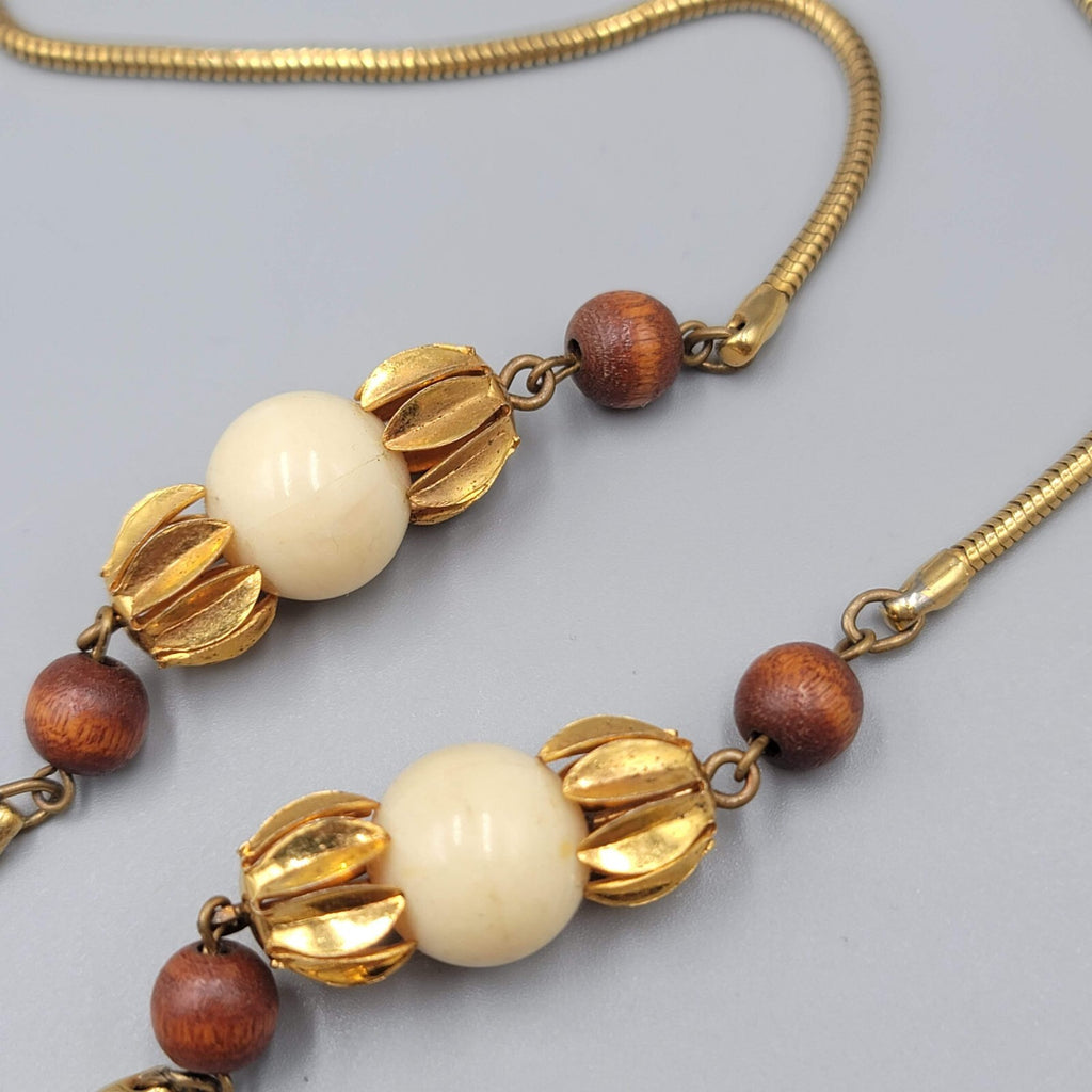 Vintage Long Station Wood Bead Necklace Snake Chain 34" Estate Costume Jewelry