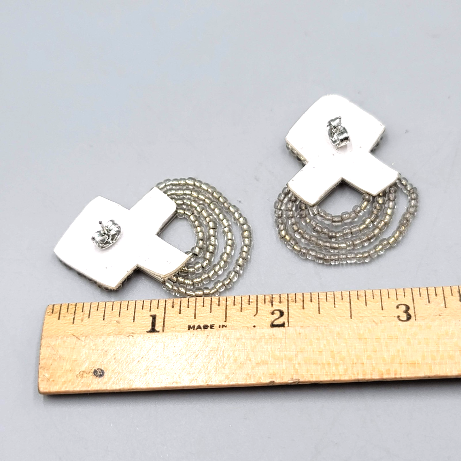 Vintage White Leather Pierced Earrings Silver tone Seed Beads Statement 1.5 in