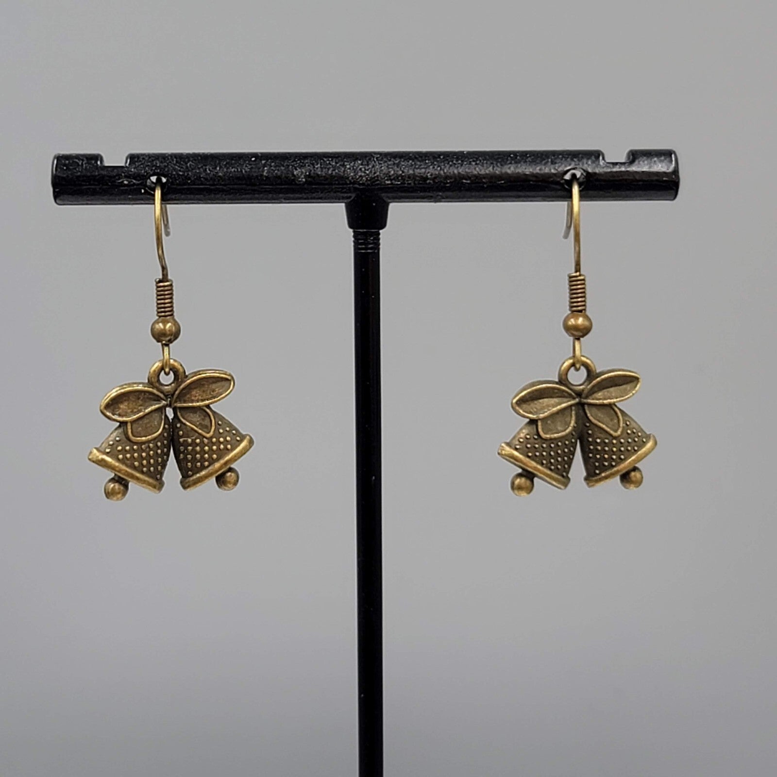 Bronze tone Pierced Earrings  Embossed Bells Holiday Celebration 1/2"