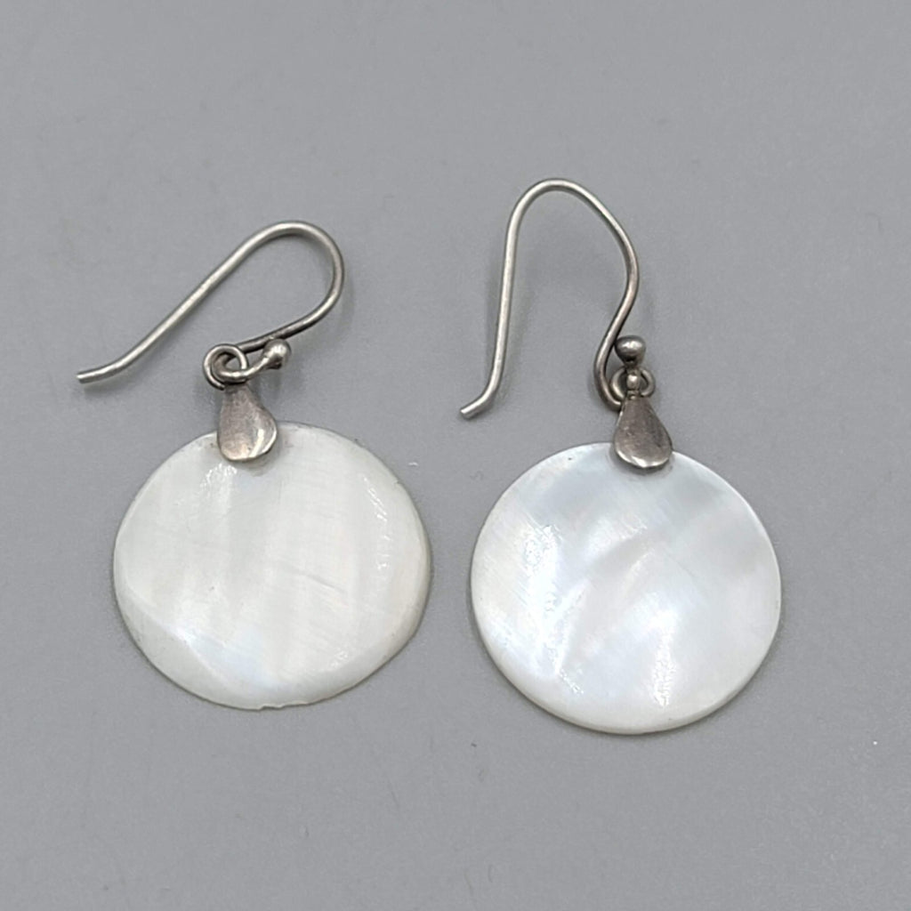 Sterling Silver Pierced Earrings Round Mother of Pearl Dangle 7/8"