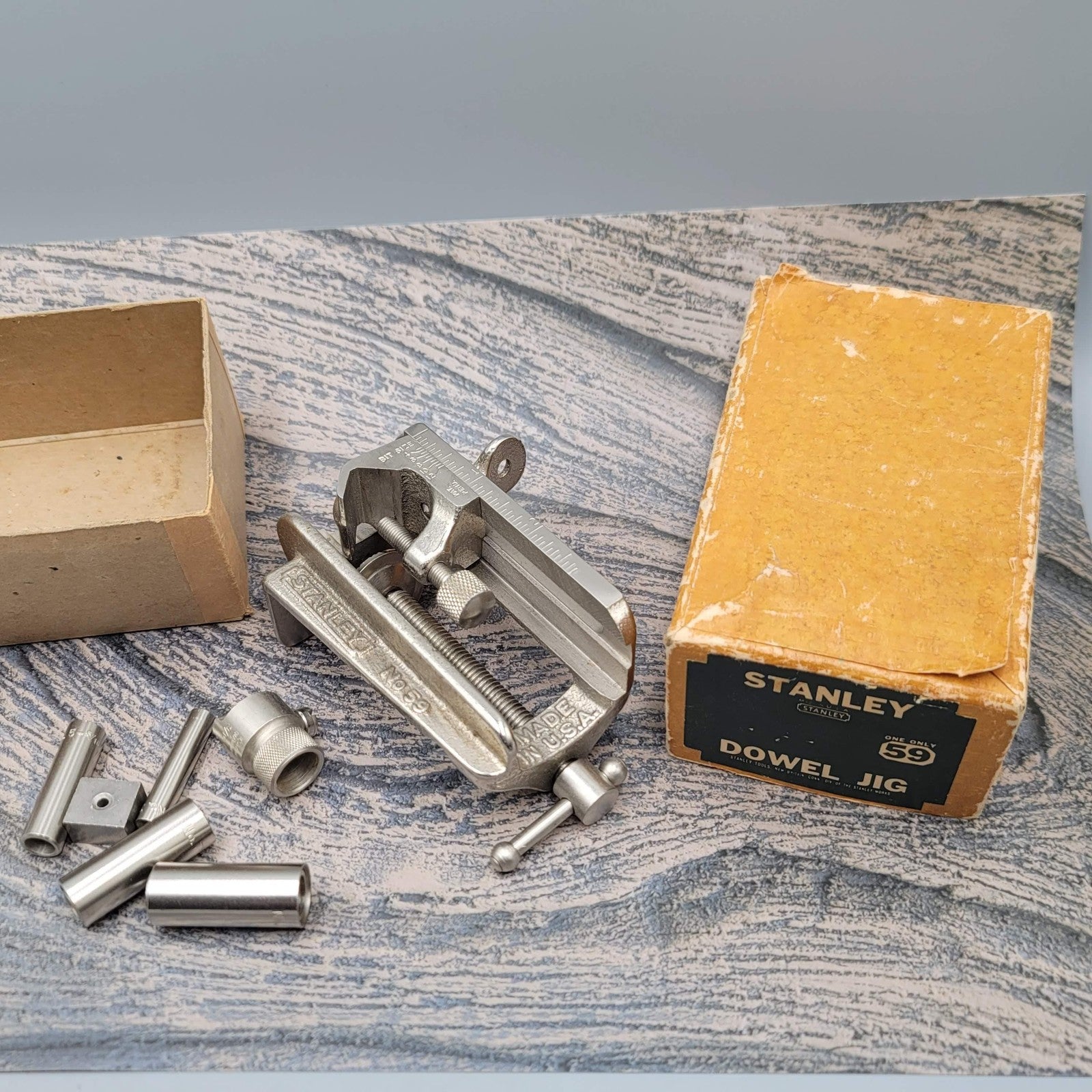 Vintage Stanley 59 Dowel Jig Made in USA Woodworking Bushings Original Box