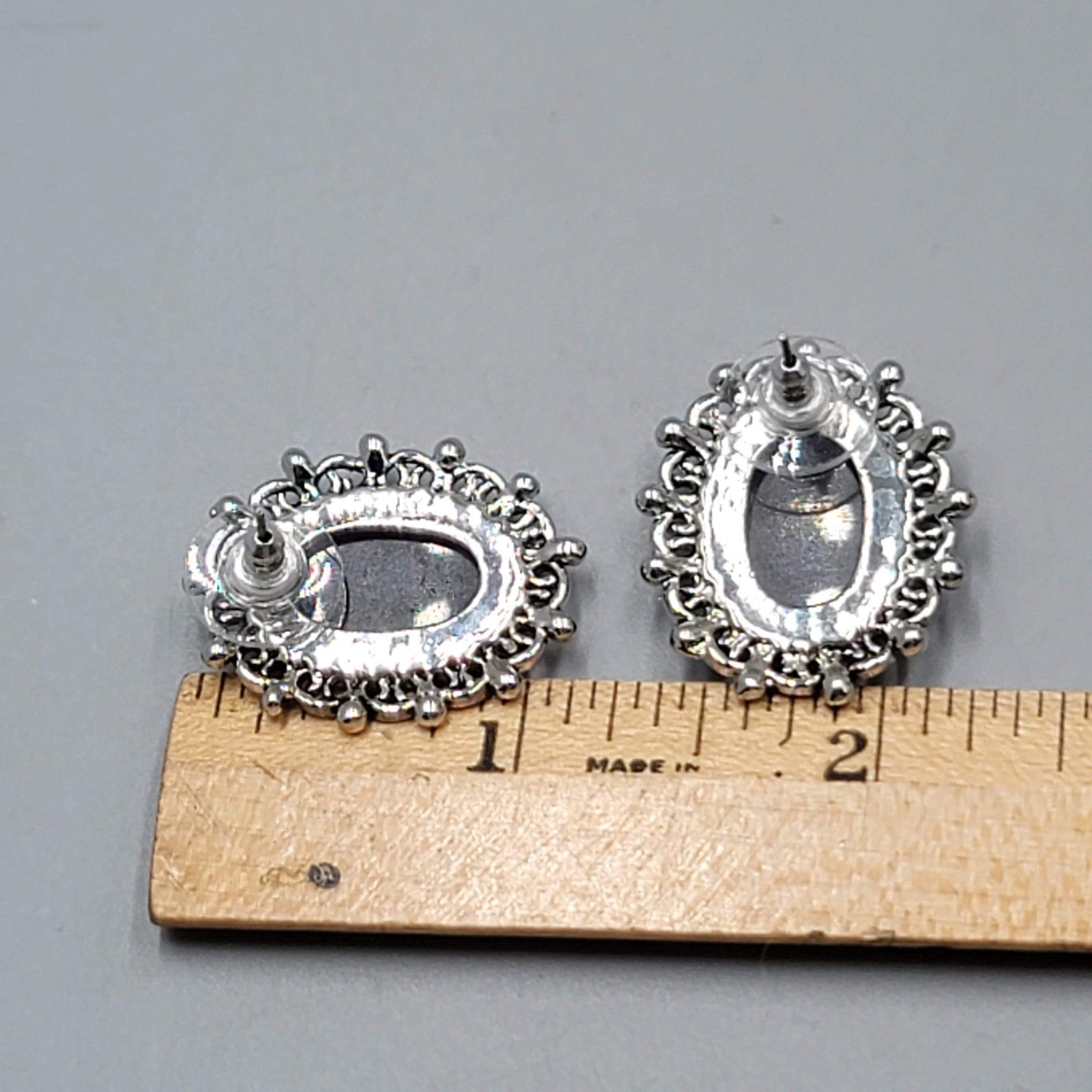 Dark Brown Cats Eye Cabochon Pierced Earrings Silver tone Oval Drop 1 1/8"