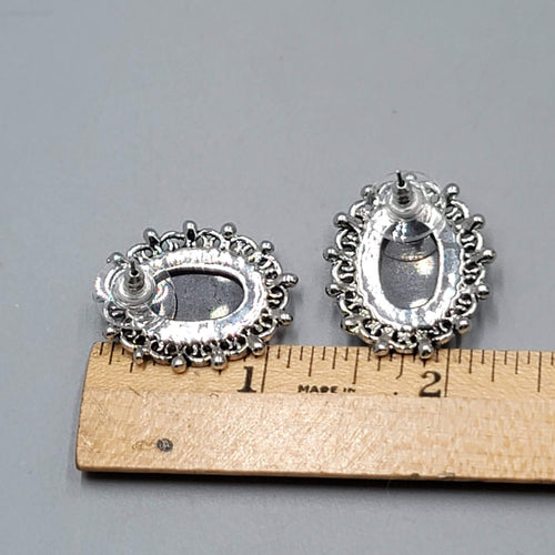 Dark Brown Cats Eye Cabochon Pierced Earrings Silver tone Oval Drop 1 1/8"