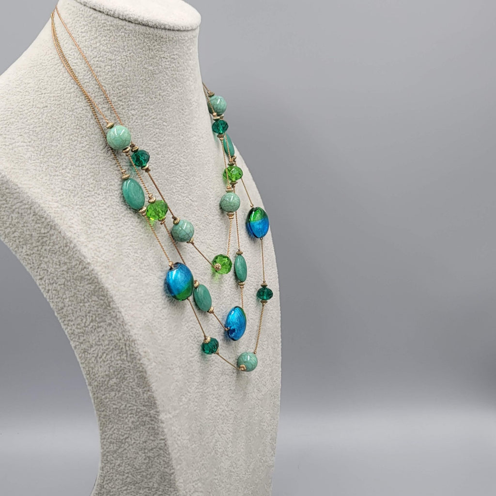 Triple Chain Blue Green Glass Bead Necklace Gold tone 16"-18"