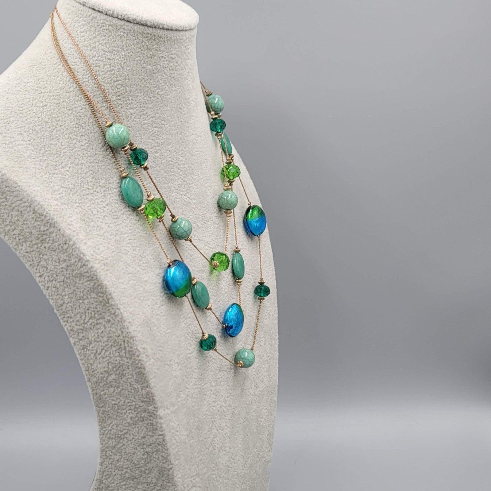 Triple Chain Blue Green Glass Bead Necklace Gold tone 16"-18"