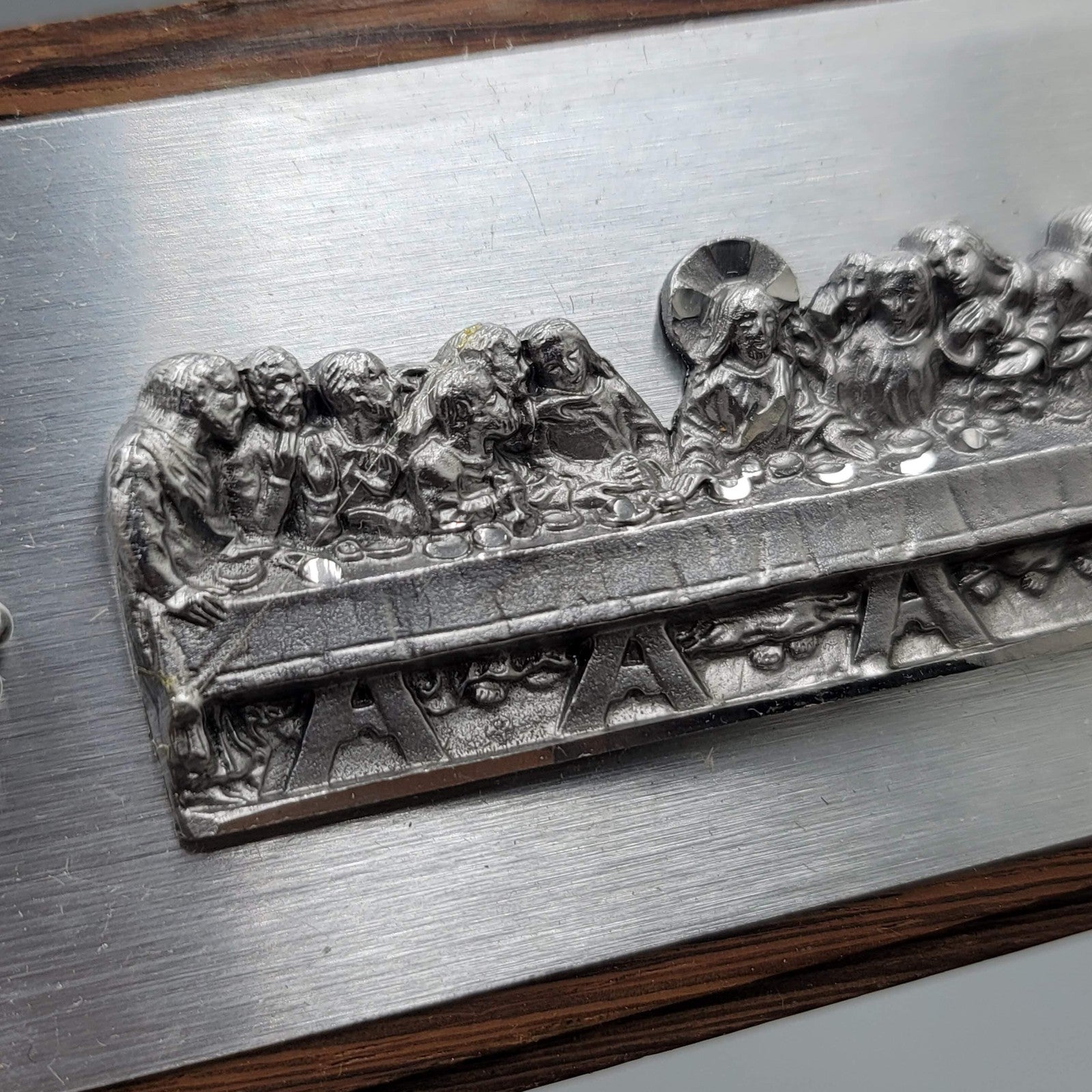 Pewter Last Supper Plaque Wood Tabletop Relief Christian Decor A1 JEARY Easel