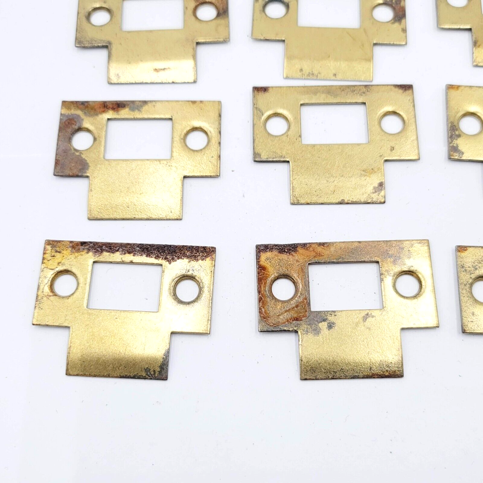 Lot of 16 Vintage Door Lock Strike Plate Gold color Steel Reclaim Salvage 2"x1"