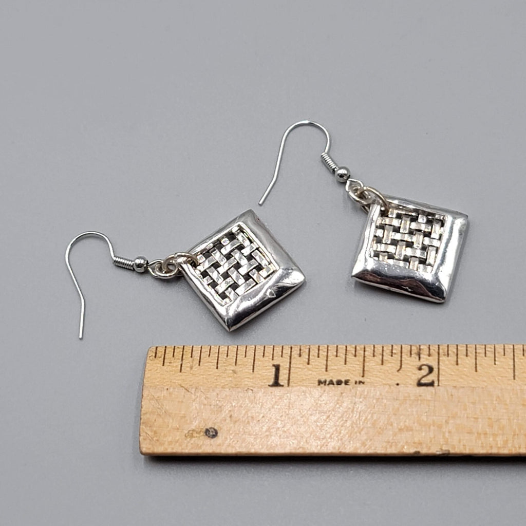 Dangle Square Pierced Earrings Woven Texture Silver tone 1"