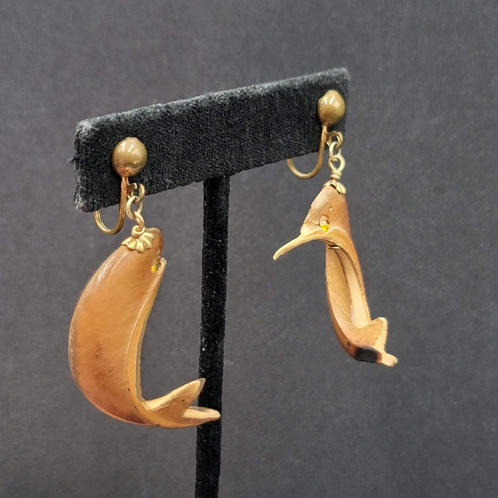 Vintage Clip on Earrings Gold tone Carved Dolphin Dangle Rhinestone 1 5/8"