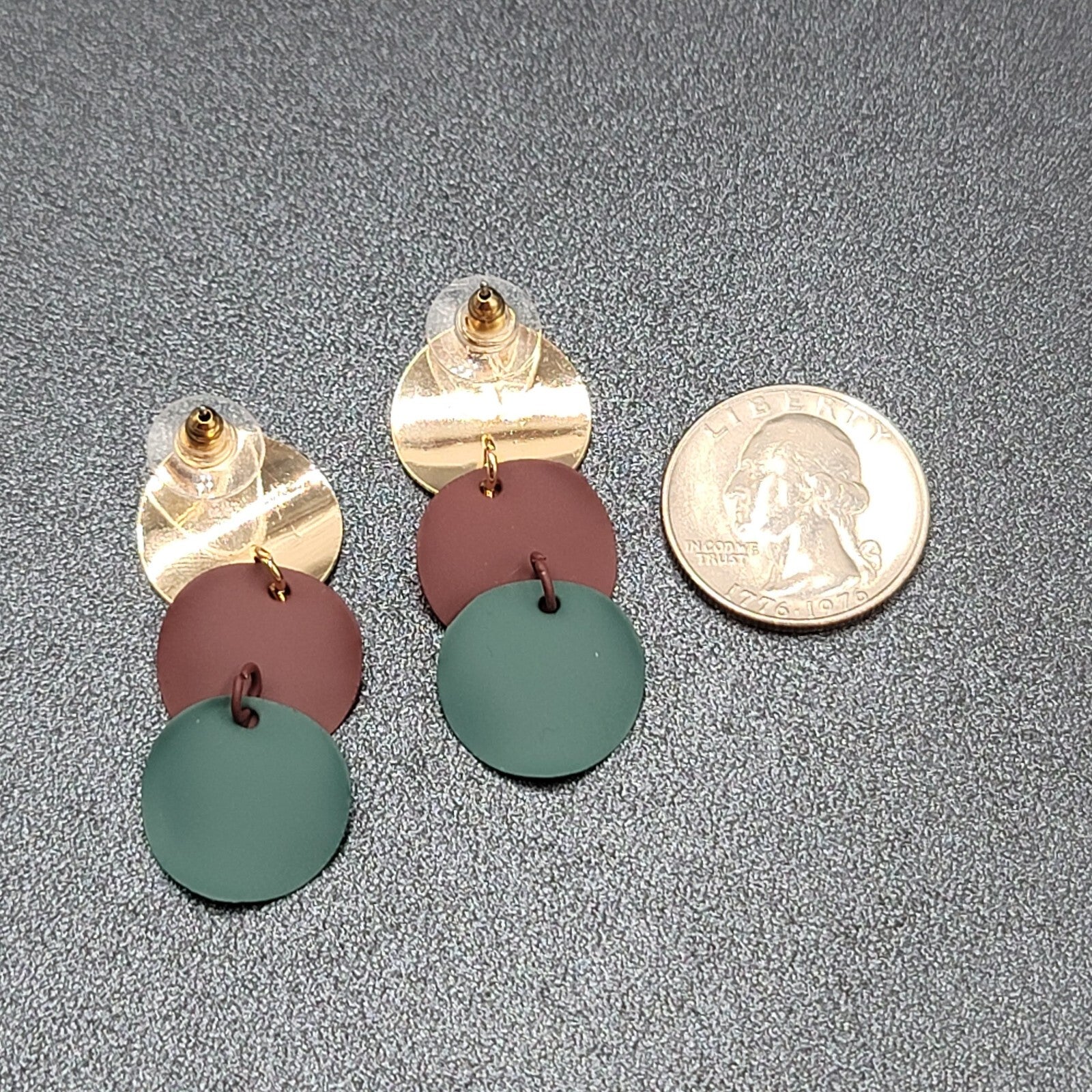 Pierced Earrings Gold tone Merlot Sage Enamel Dangle Discs 1 5/8"