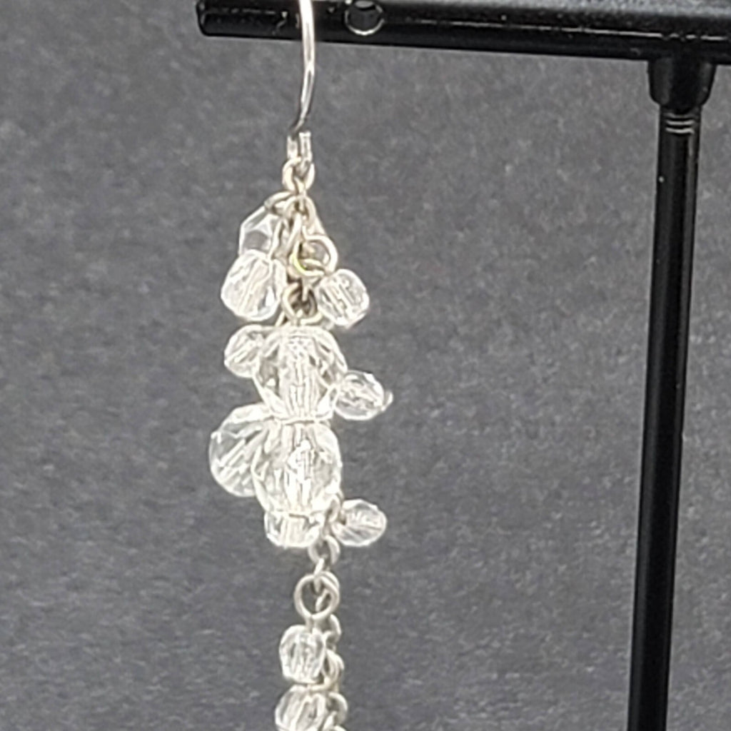 Pierced Earrings Silver tone Clear Bead Cluster Dangle 2.25"