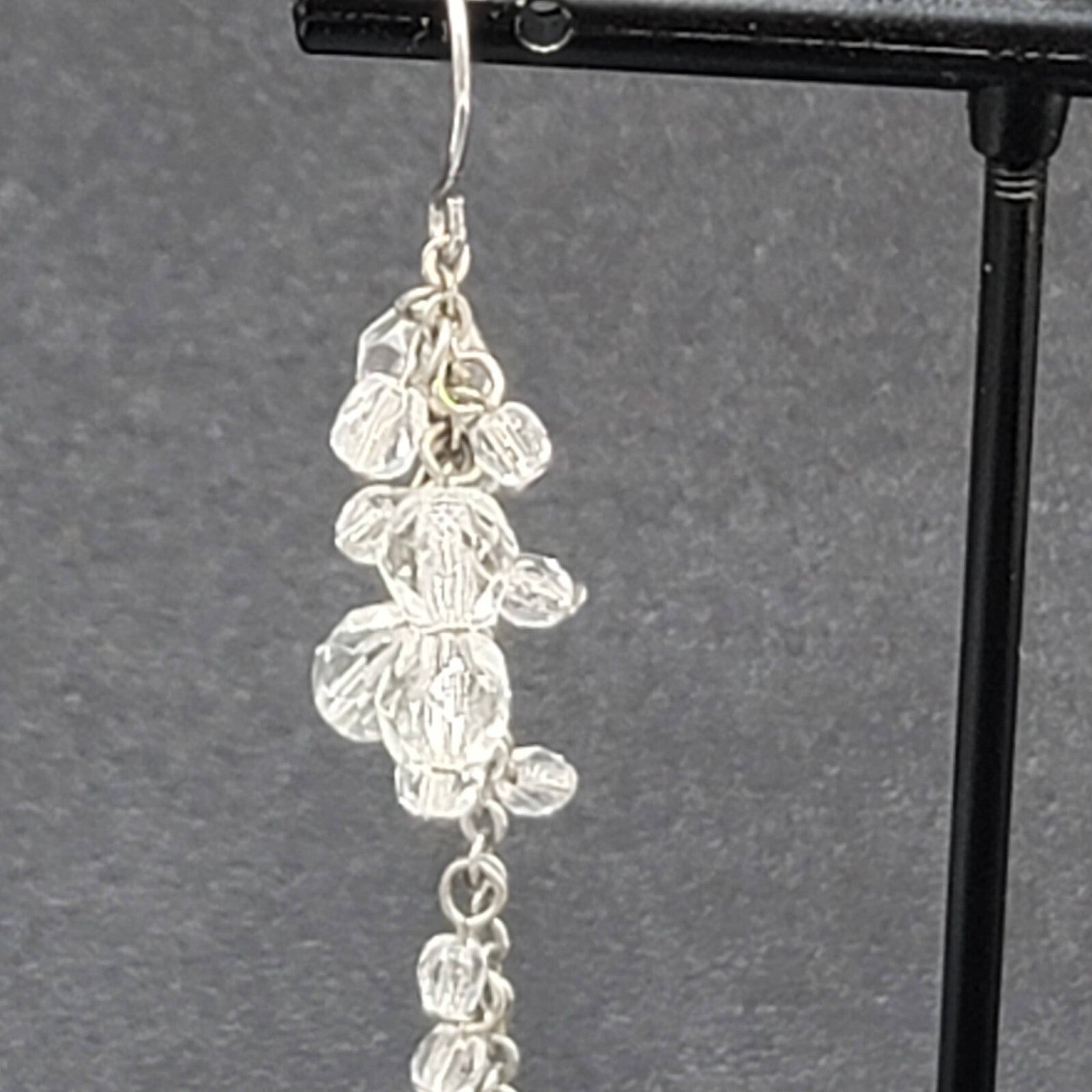 Pierced Earrings Silver tone Clear Bead Cluster Dangle 2.25"