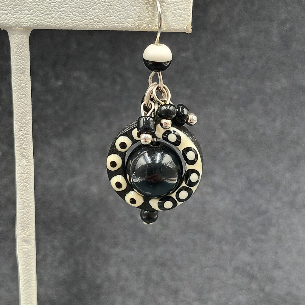 Pierced Earrings Black White Acrylic Captive Bead Statement Dangle 1 1/2"