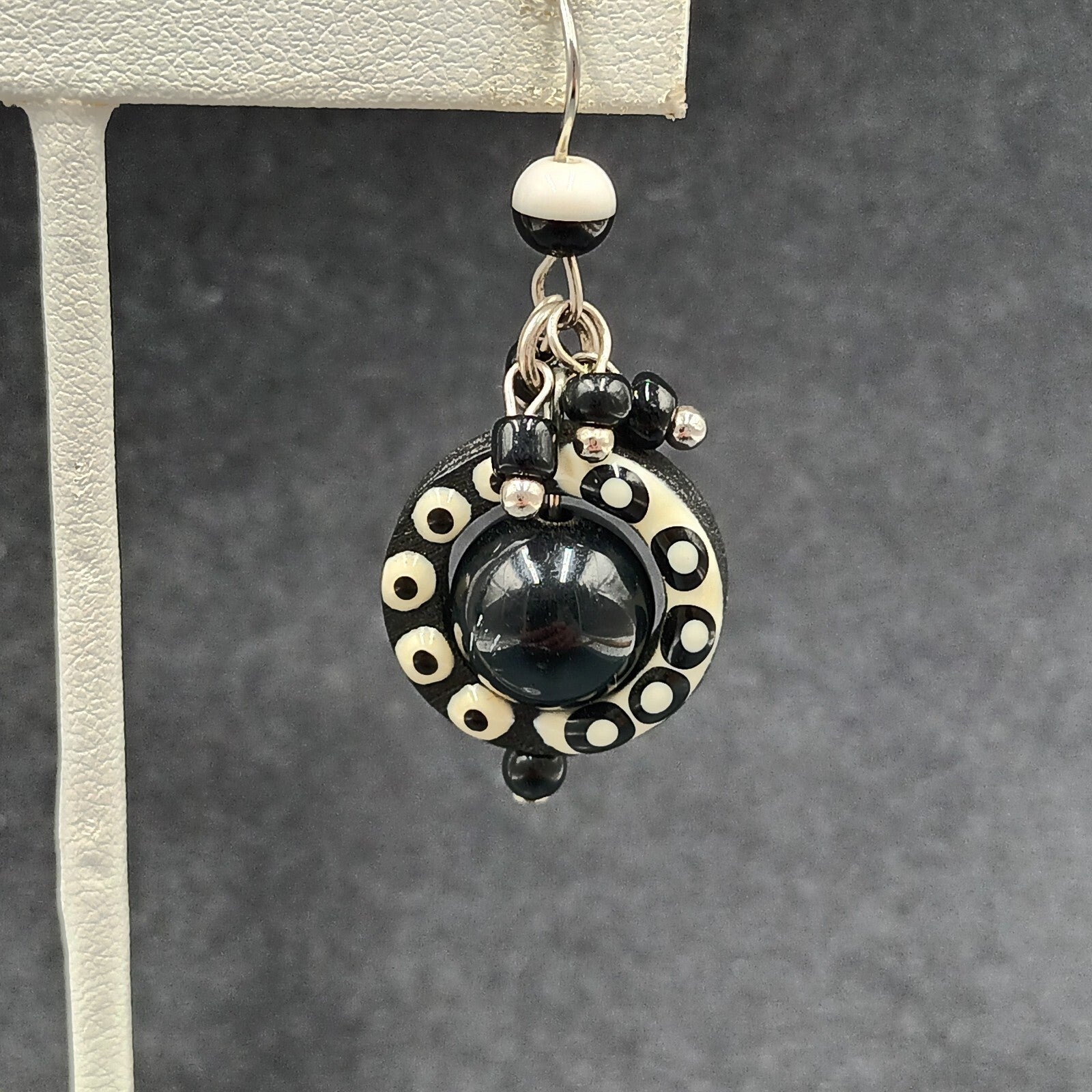 Pierced Earrings Black White Acrylic Captive Bead Statement Dangle 1 1/2"