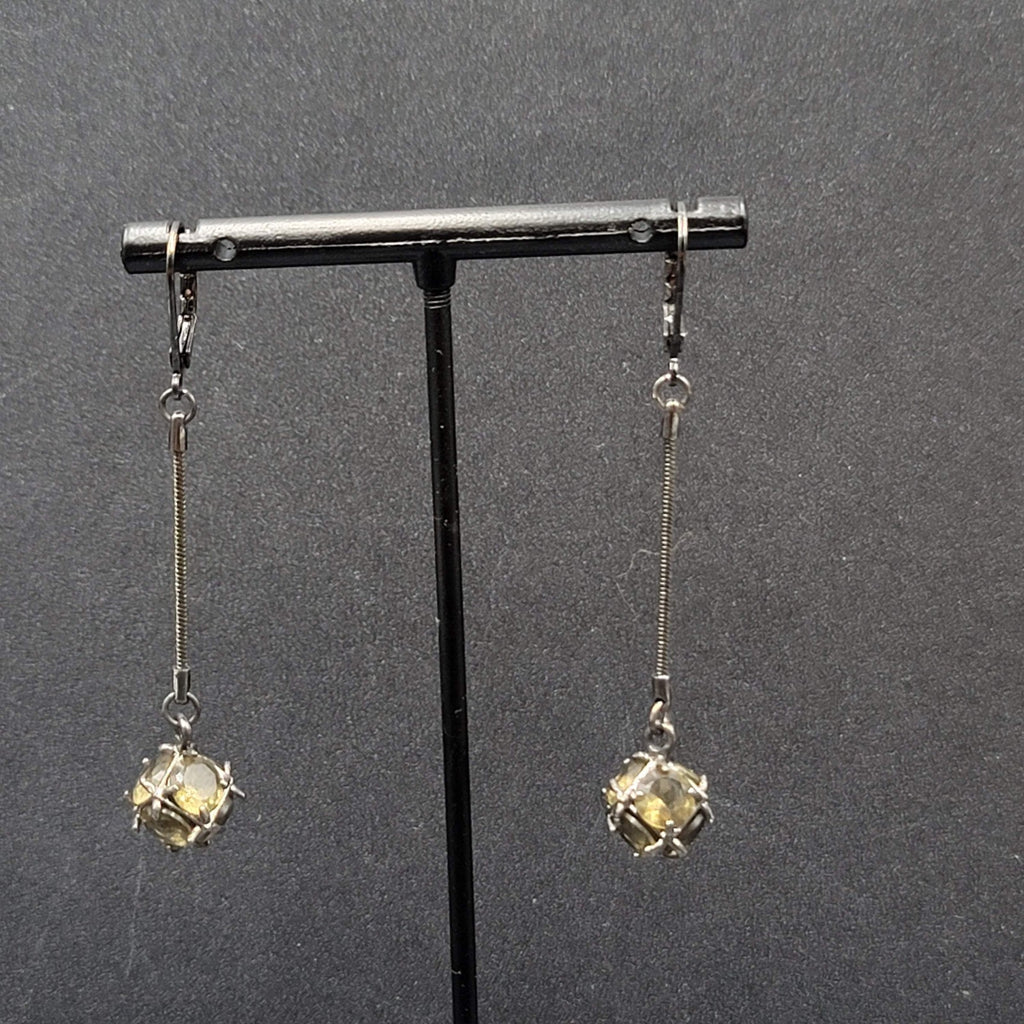 Pierced Earrings Black Metal Green Stone Sphere Dangle Chain 1.75"