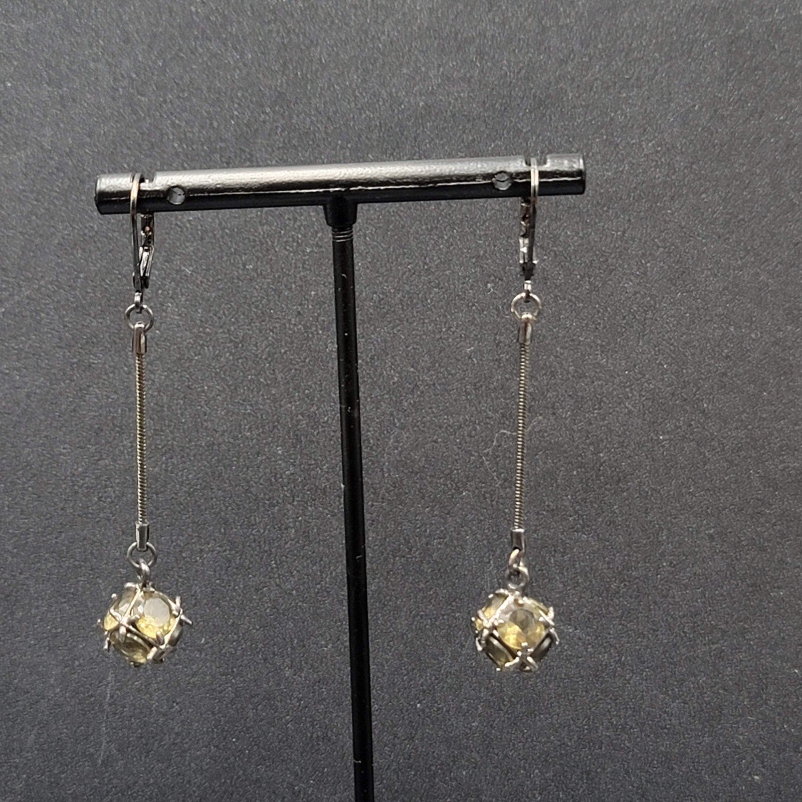 Pierced Earrings Black Metal Green Stone Sphere Dangle Chain 1.75"