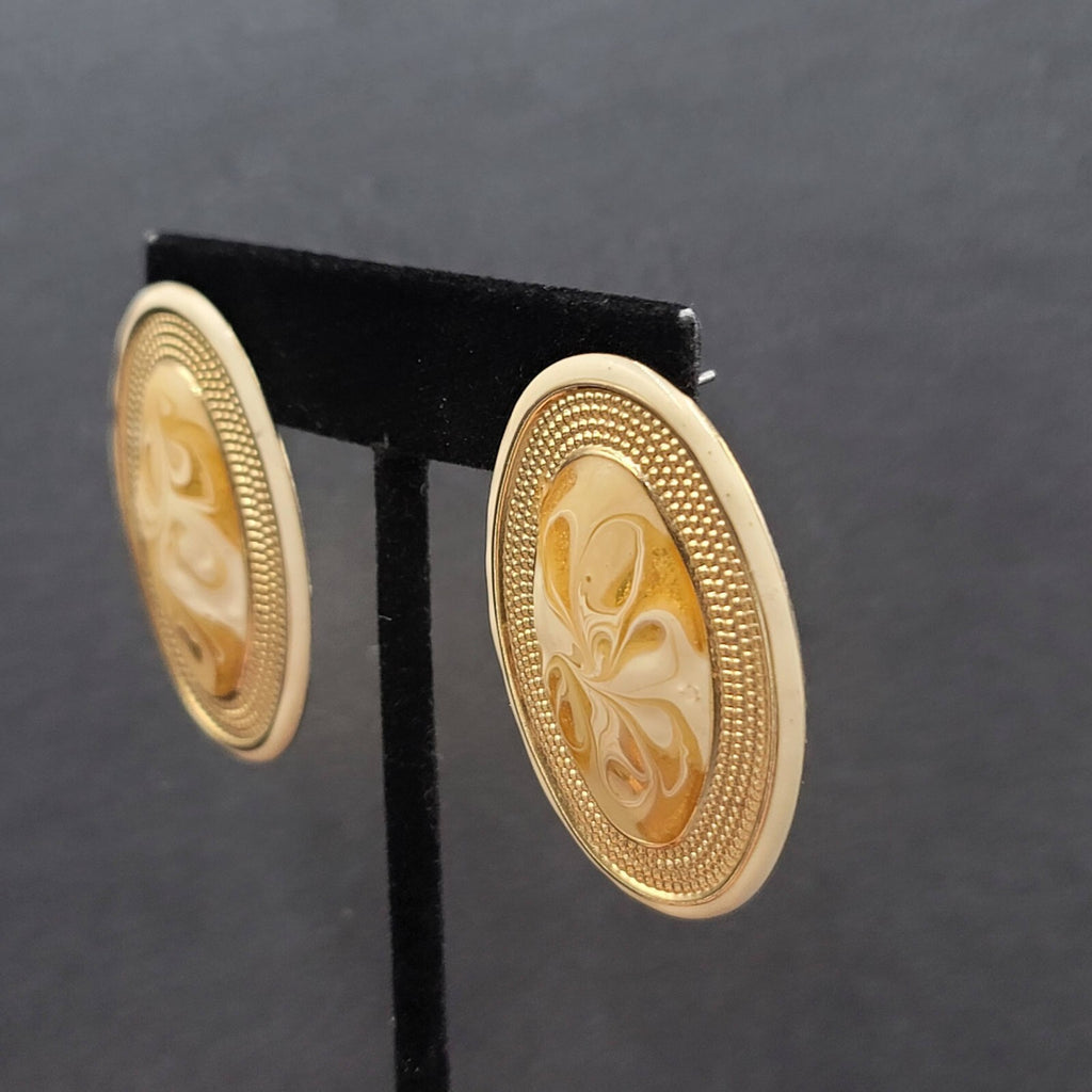 Vintage Pierced Earrings Gold tone Cream Swirl Enamel Long Oval Statement 1.75"