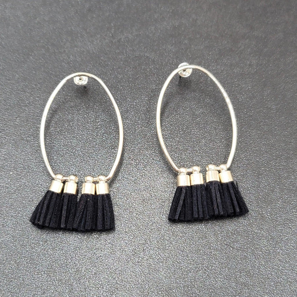 Pierced Earrings Silver tone Open Hoop Black Tassel Drop 2 1/8"