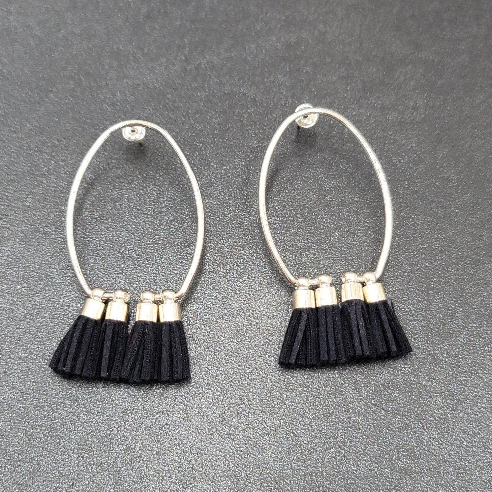 Pierced Earrings Silver tone Open Hoop Black Tassel Drop 2 1/8"