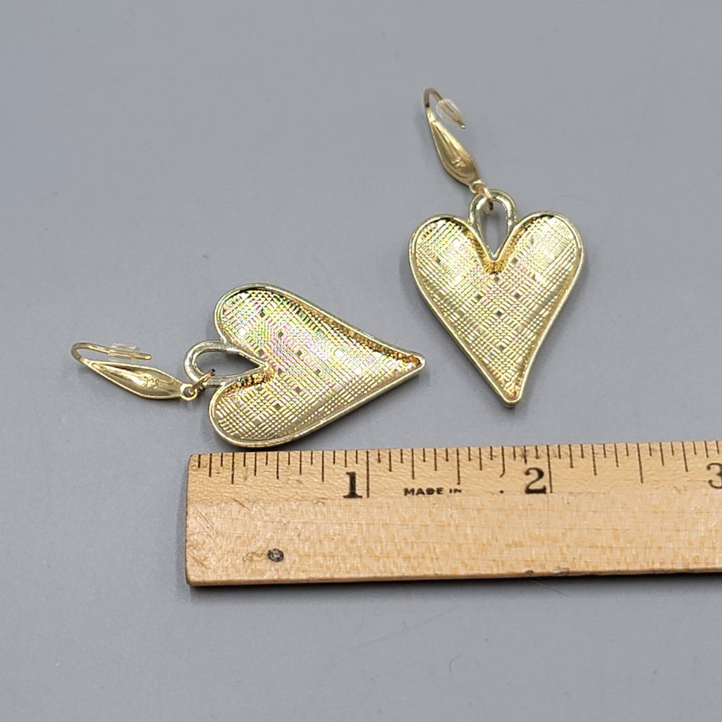Pink Enamel Checkered Heart Pierced Earrings Gold tone Dangle Large 1.5"