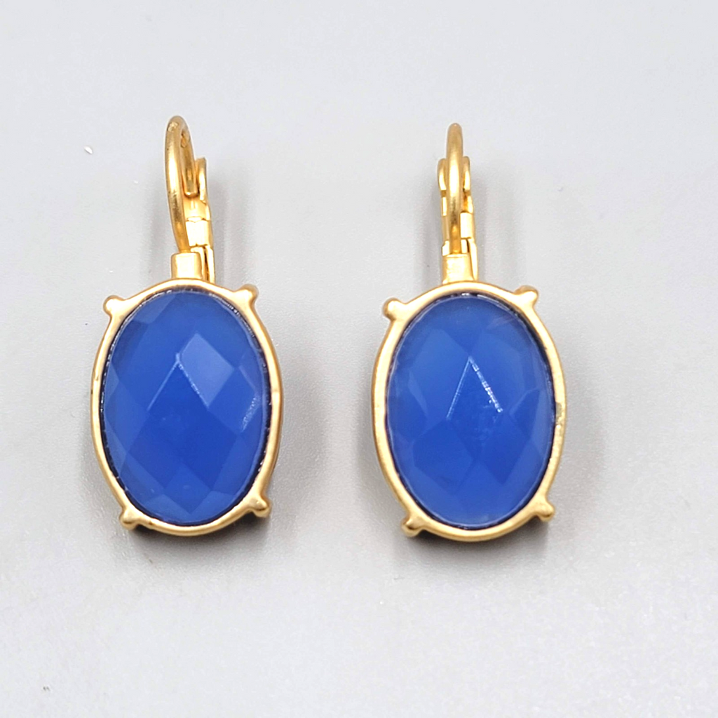 Oval Faceted Blue Pierced Earrings Matte Gold tone Drop 3/4"