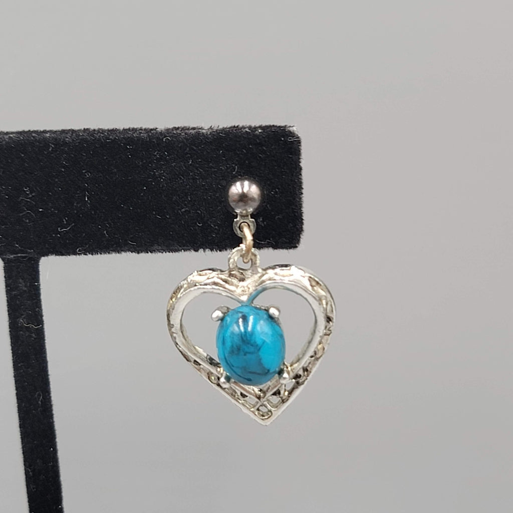 Vintage Heart Faux Turquoise Pierced Earrings Silver tone Dangle  3/4"