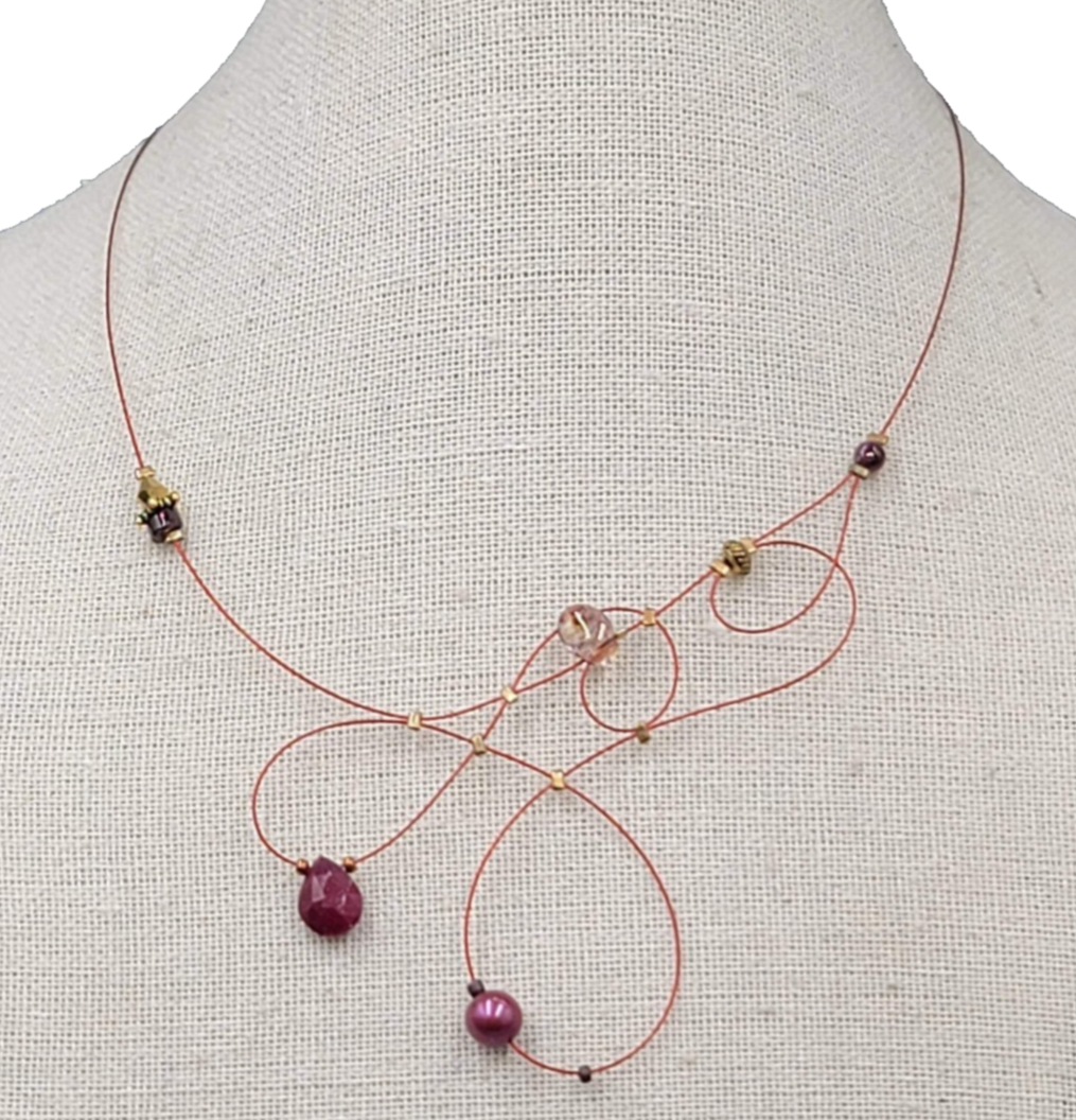Red Modernist Bead Necklace Twist Cord 16"-18"