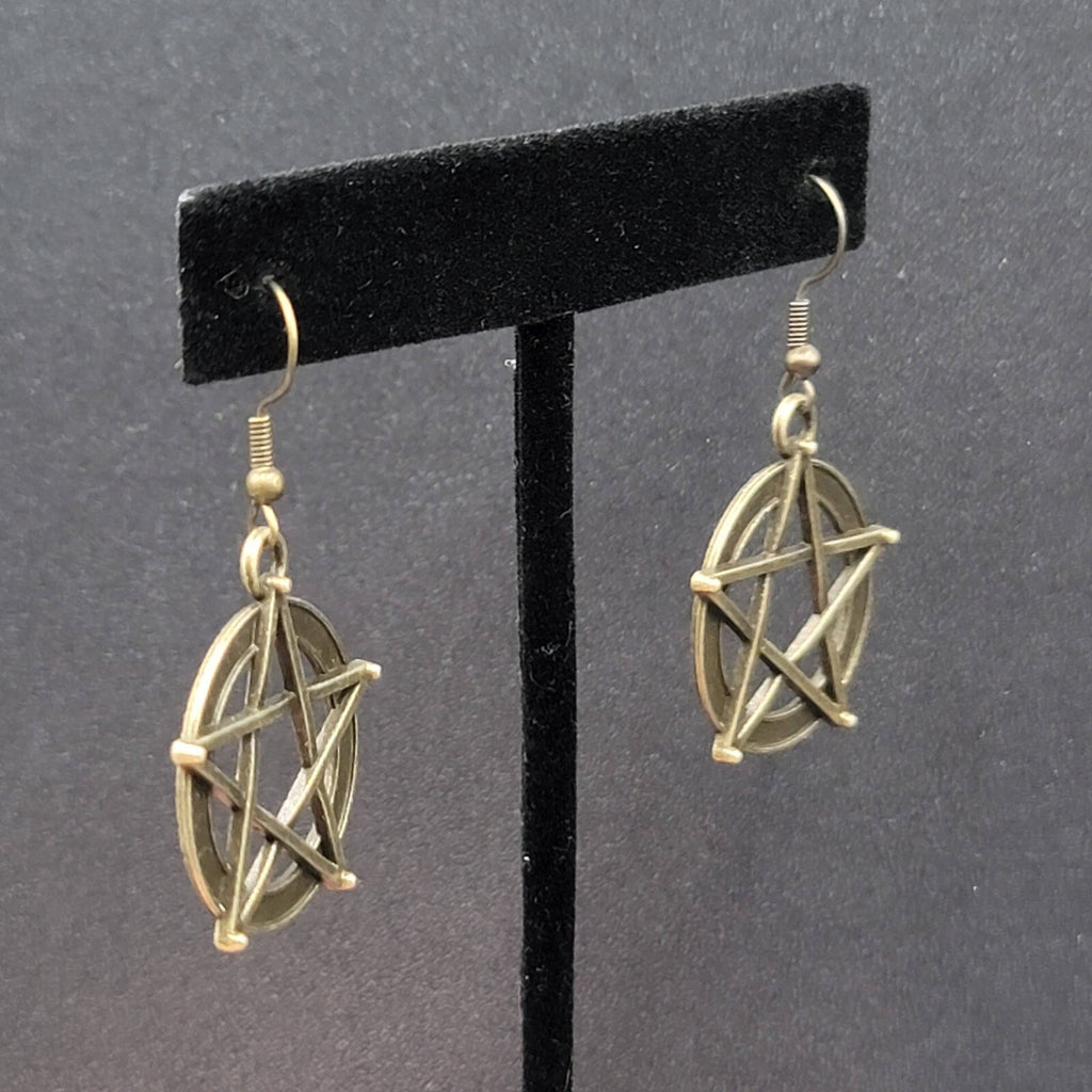 Pentacle Pierced Earrings Bronze tone Pentagram Witch Dangle 1 1/8"