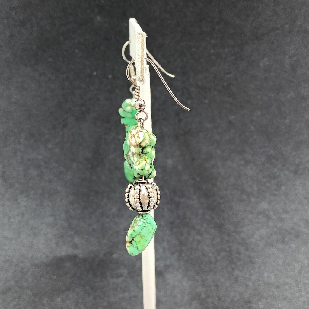 Pierced Earrings Silver tone Green Howlite Stone Beaded Statement Dangle 1 3/4"