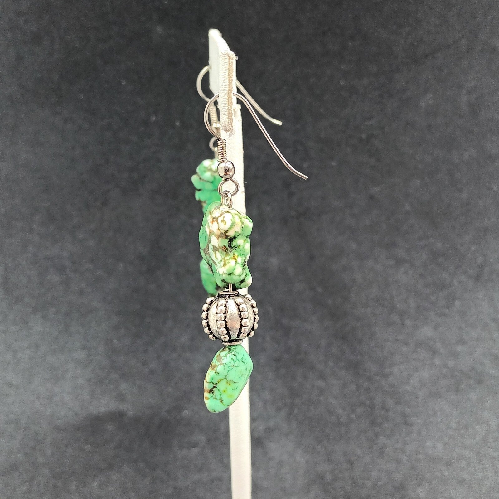 Pierced Earrings Silver tone Green Howlite Stone Beaded Statement Dangle 1 3/4"