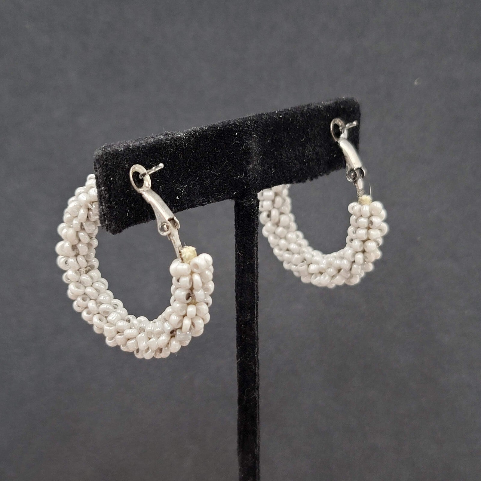 Pierced Earrings Light Gray Seed Bead Covered Hoops 1.25"