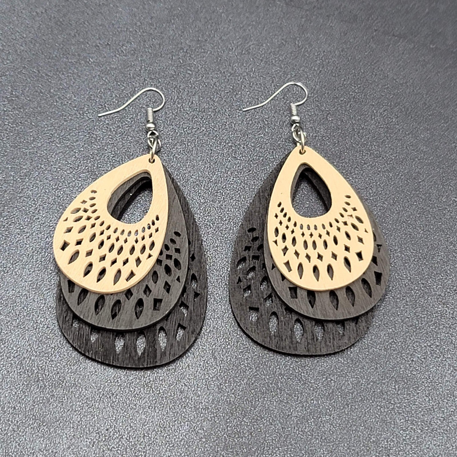 Pierced Earrings Triple Layer Wood Teardrop Dangle Tan Gray Black 2.75"