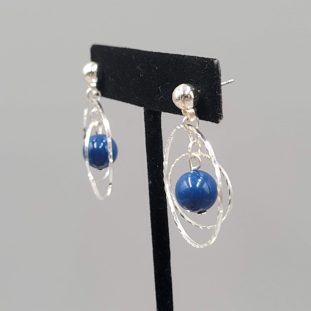 Dangle Circles Pierced Earrings Silver tone Blue Bead 1.25"