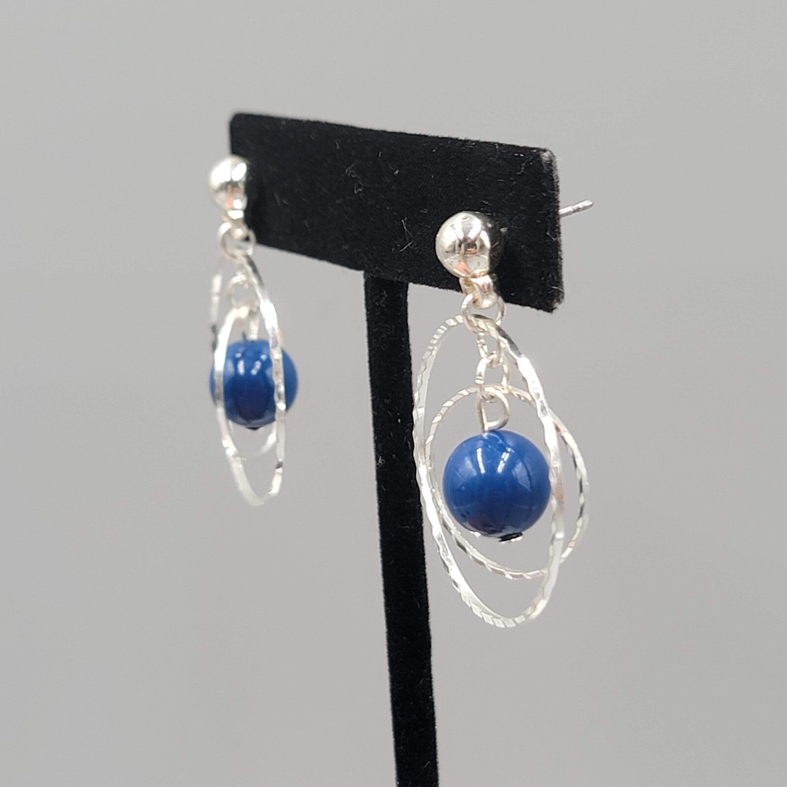 Dangle Circles Pierced Earrings Silver tone Blue Bead 1.25"