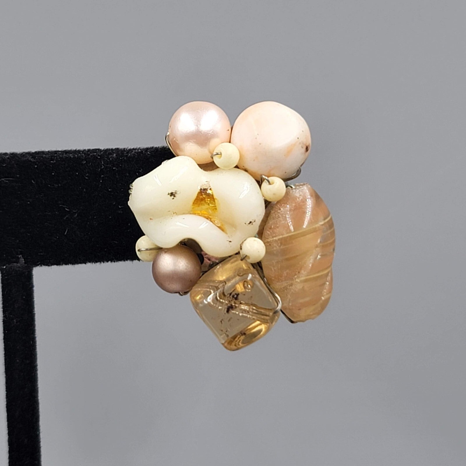 Vintage Cluster Bead Clip on Earrings Molded Glass Tans White 1 1/8"