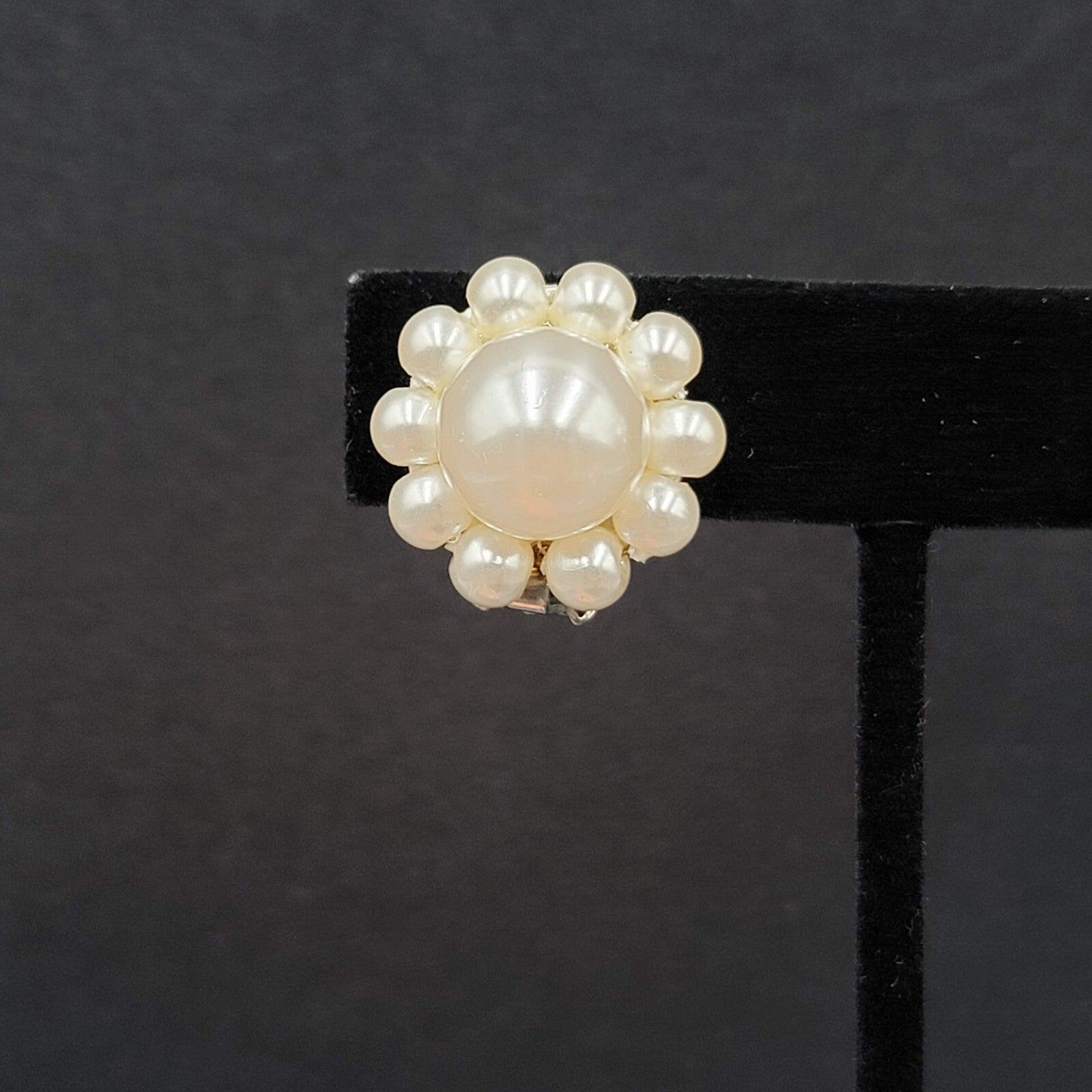 Vintage Clip on Earrings White Acrylic Cluster Bead Estate 7/8"