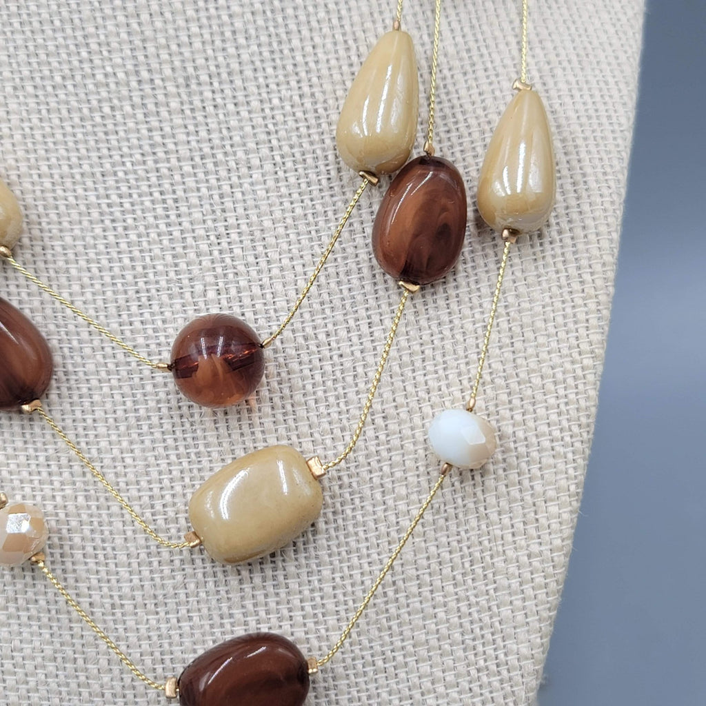 Brown Bead Station Necklace Gold tone Triple Layer 16"-18"