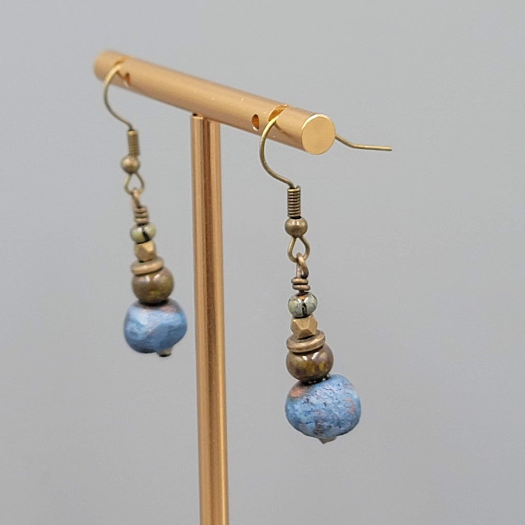 Blue and Green Beads Pierced Earrings Bronze tone Dangle 1"