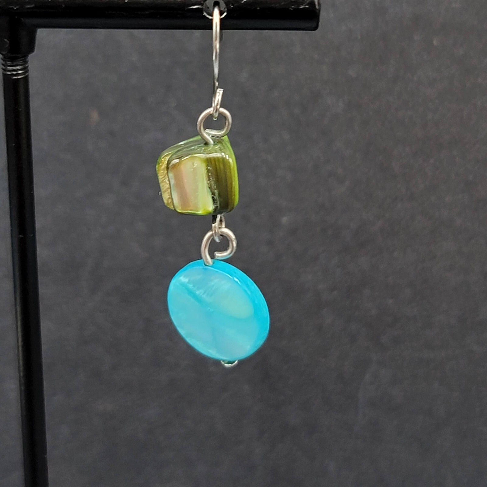 Pierced Earrings Green Blue Shell Bead Dangle Silver tone Hooks 1"