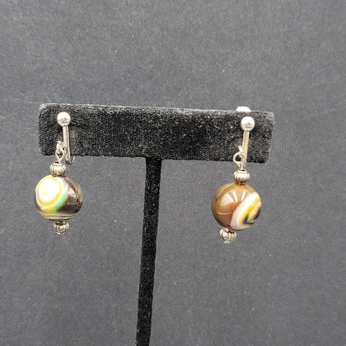 Clip on Earrings Silver tone Slag Glass Marble Bead Dangle 1"
