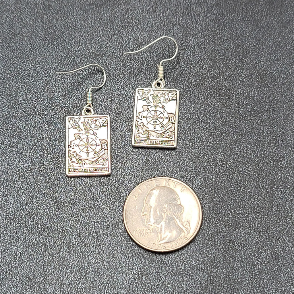 La Rueda de la Fortuna Tarot Card Pierced Earrings Silver tone 1"