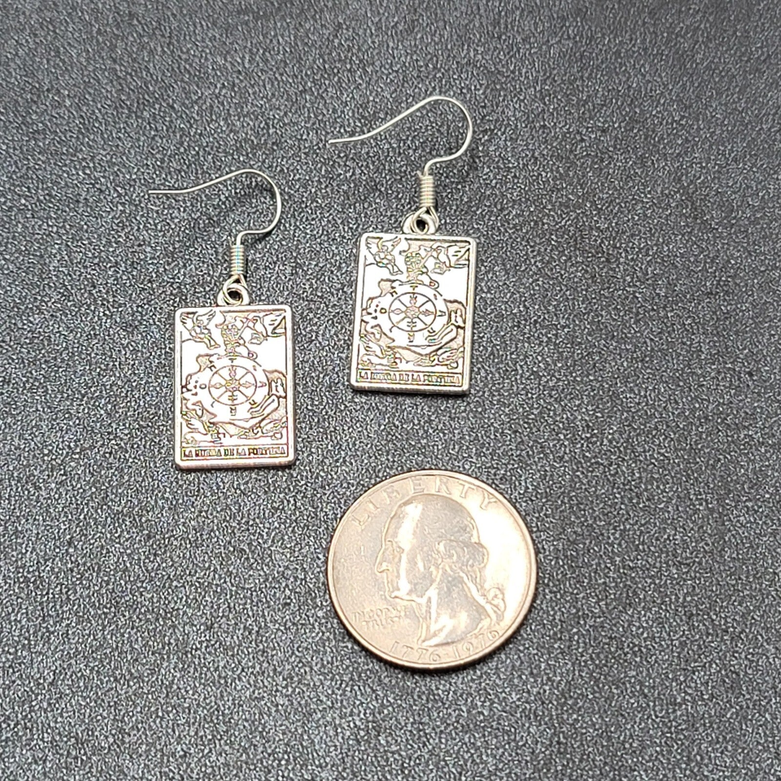 La Rueda de la Fortuna Tarot Card Pierced Earrings Silver tone 1"