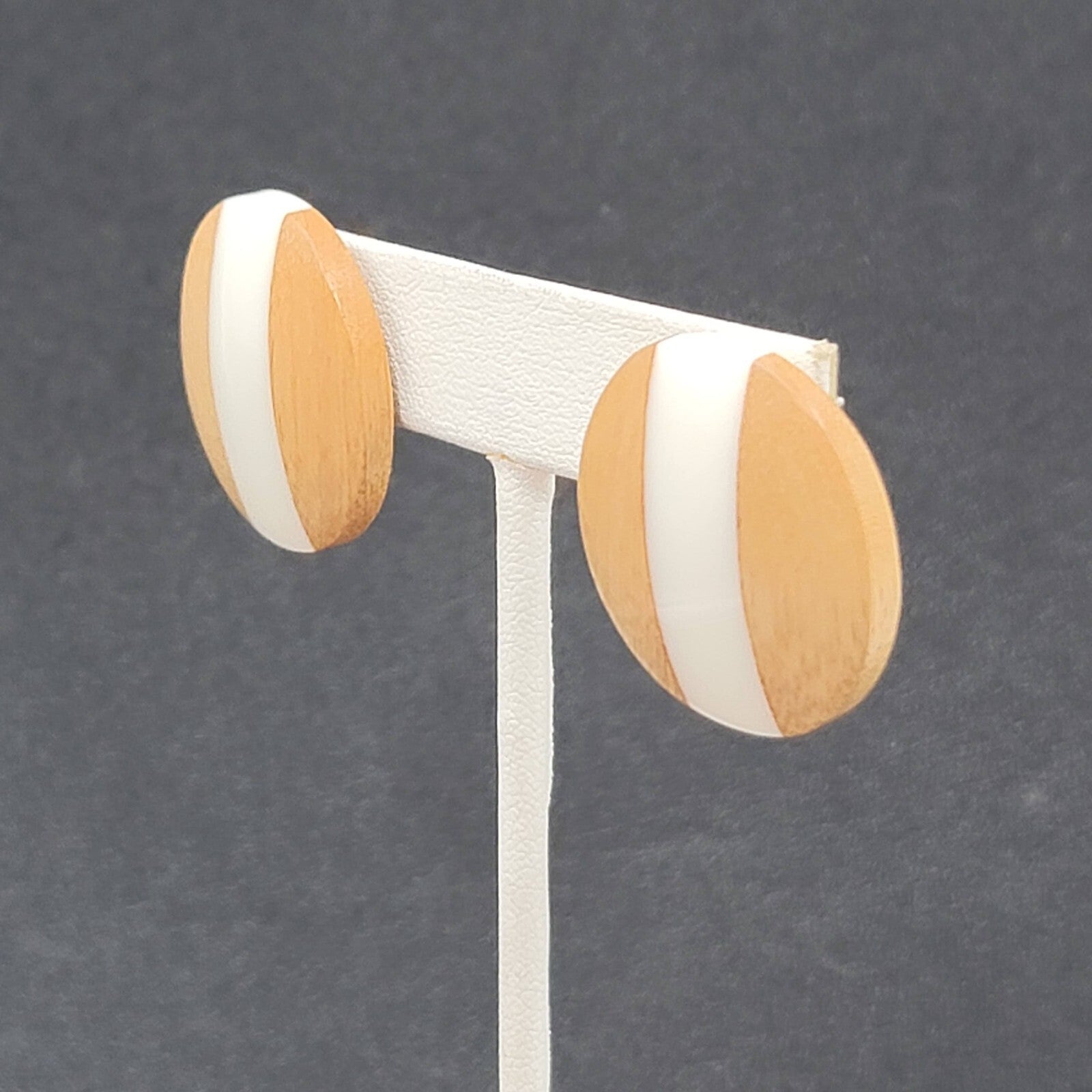 Pierced Earrings Wood White Resin Stripe Round 1 1/8"
