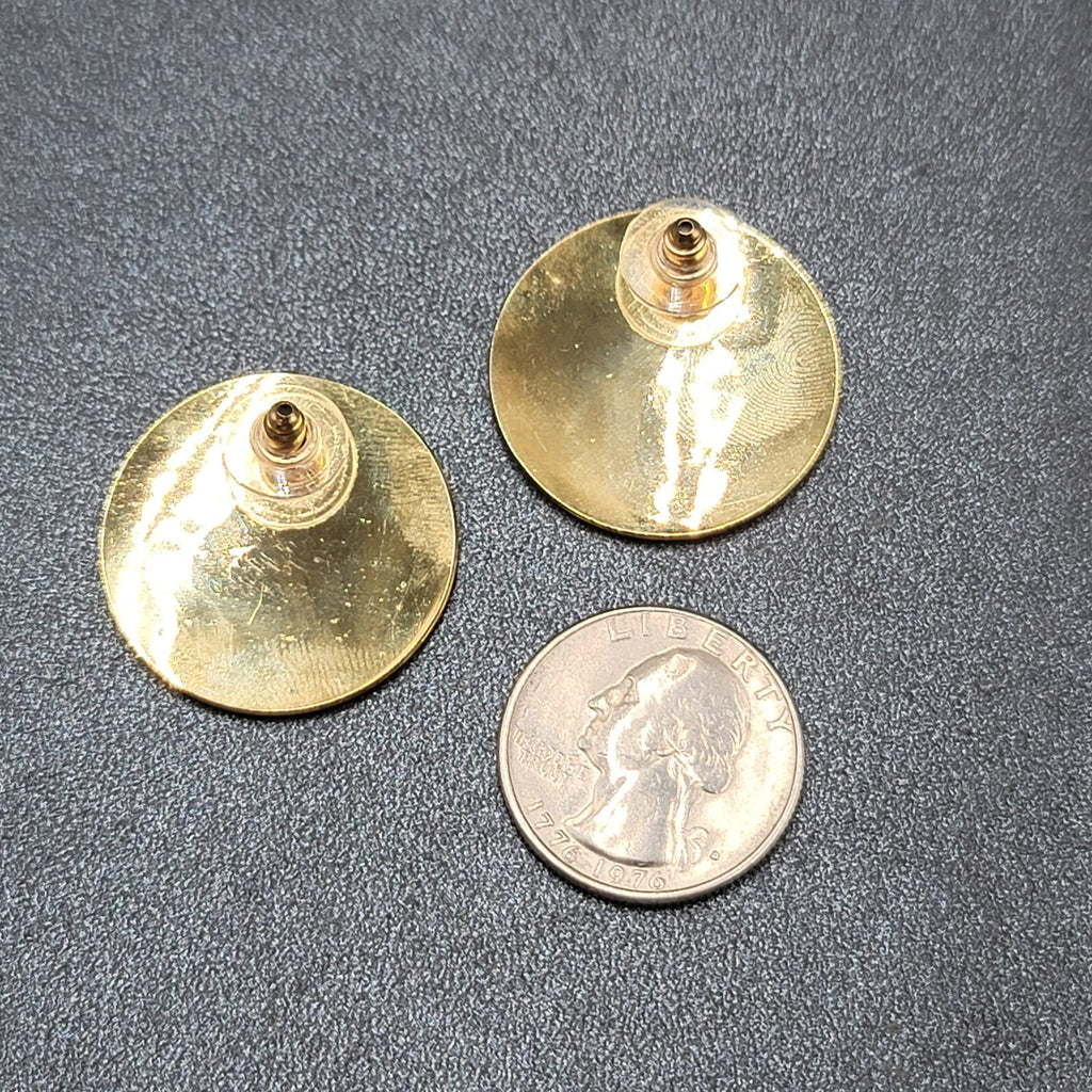 Vintage Pierced Earrings Gold tone Purple Tan Enamel Round Drop 1 1/8"