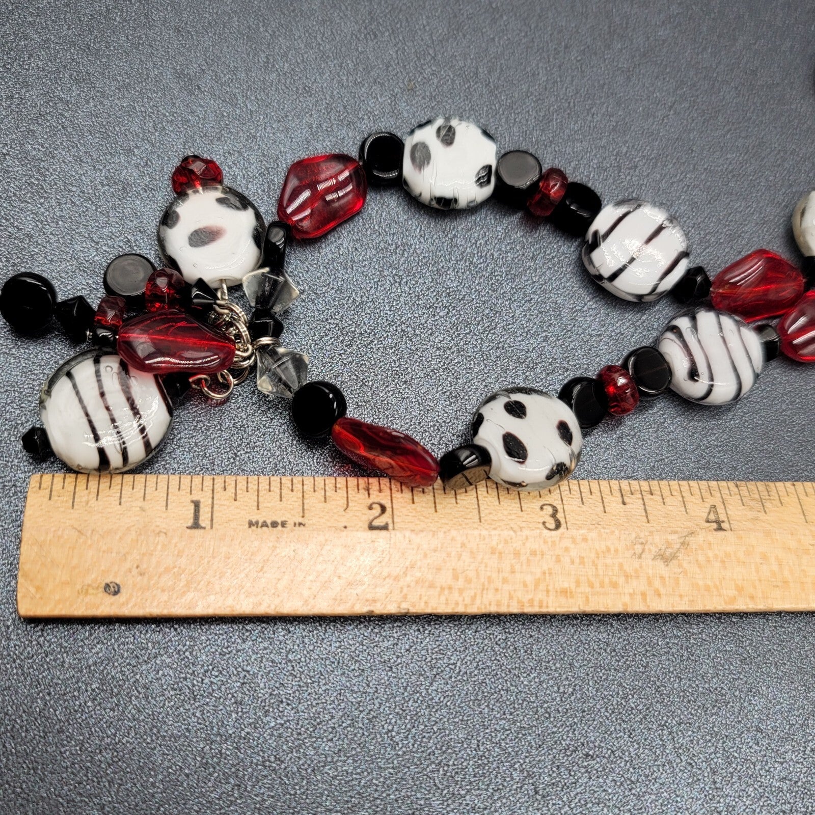 Black White Red Glass Bead Statement Necklace 26 in Toggle Clasp
