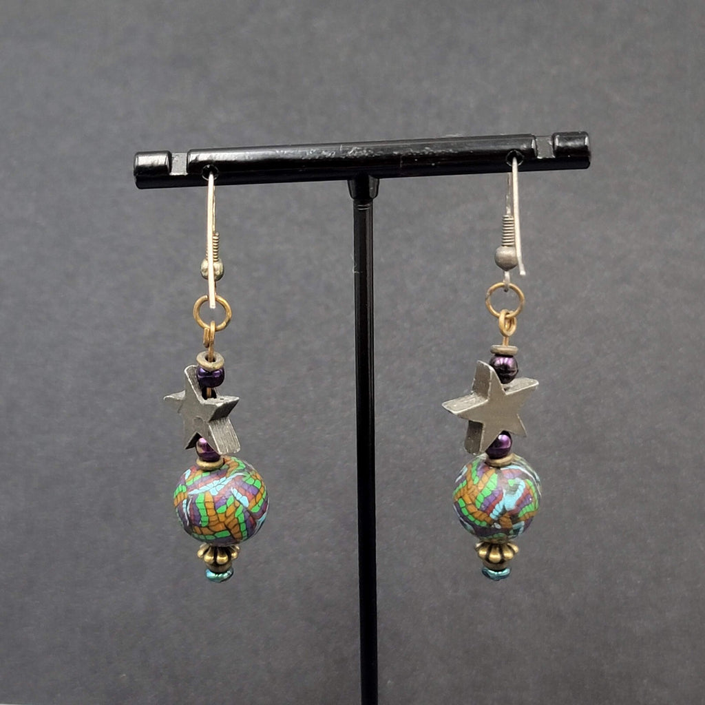 Pierced Earrings Star Bead Pottery Multicolor Bead 1.75"
