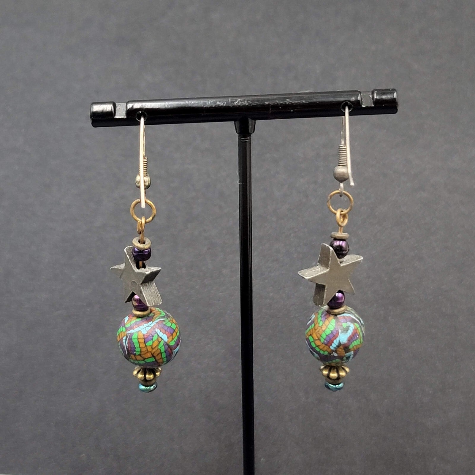 Pierced Earrings Star Bead Pottery Multicolor Bead 1.75"