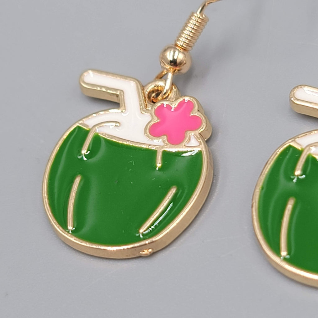 Enamel Green Coconut Cocktail Pierced Earrings Gold tone Dangle 7/8"